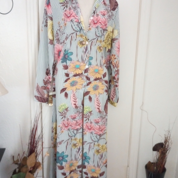 Floral Stripes Long Sleeve Button Down Sheer Shirt Dress with Split in Front XXL - Picture 9 of 12